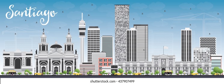 Santiago Chile Skyline with Gray Buildings and Blue Sky. Vector Illustration. Business Travel and Tourism Concept with Modern Buildings. Image for Presentation Banner Placard and Web Site.