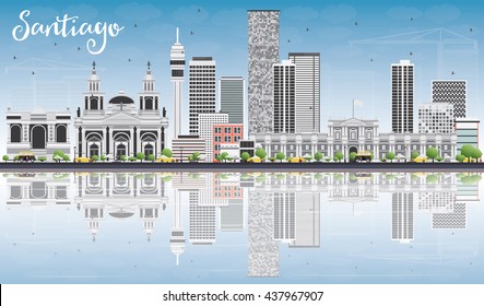 Santiago Chile Skyline with Gray Buildings, Blue Sky and Reflections. Vector Illustration. Business Travel and Tourism Concept with Modern Buildings. Image for Presentation Banner Placard and Web Site