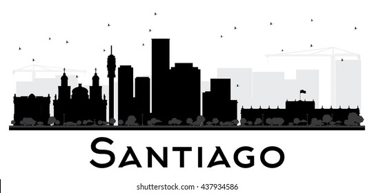 Santiago City skyline black and white silhouette. Vector illustration. Cityscape with landmarks.