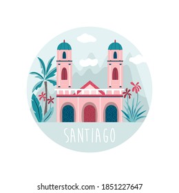 Santiago city vector illustration with cathedral at Placa de Armas and mountains behind. Colorful design for travel guides, posters, books