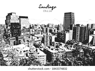 Santiago cityscape vector drawing black and white. Buildings of city center view from Santa Lucia Hill. Chile capital architecture sketch black ink