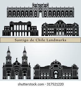 Santiago de Chile landmarks and monuments isolated on blue background in editable vector file