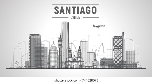 Santiago de Chile linha horizonte da cidade sobre um fundo branco. Ilustração vetorial plana. Conceito de viagens de negócios e turismo com edifícios modernos. Imagem para banner ou site.