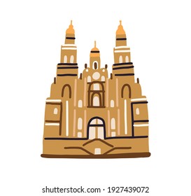 Catedral de Santiago de Compostela, famoso monumento arquitectónico en España. Edificio antiguo de la iglesia católica española al estilo doodle. Ilustración vectorial plana coloreada aislada en fondo blanco