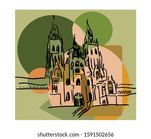 Santiago de Compostela in cubism style in beige and green colors