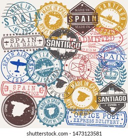 Santiago De Compostela Spain Set Of Stamps. Travel Stamp. Made In Product. Design Seals Old Style Insignia.