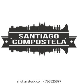 Santiago de Compostela Spain Skyline Silhouette Design City Vector Art Famous Buildings Stamp Stencil.