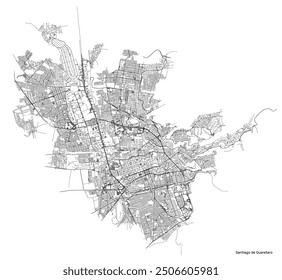 Santiago de Queretaro Stadtplan mit Straßen und Straßen, Mexiko. Vektorkonturgrafik.