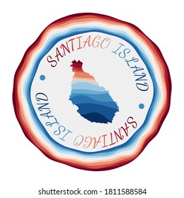 Santiago Island badge. Map of the island with beautiful geometric waves and vibrant red blue frame. Vivid round Santiago logo. Vector illustration.