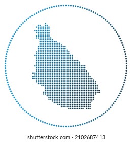 Santiago Island digital badge. Dotted style map of Santiago Island in circle. Tech icon with gradiented dots. Radiant vector illustration.