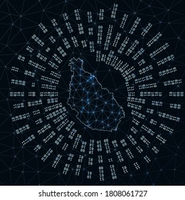 Santiago Island digital map. Binary rays radiating around glowing island. Internet connections and data exchange design. Vector illustration.