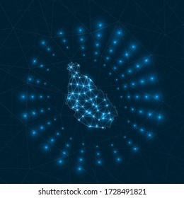 Santiago Island digital map. Glowing rays radiating from the island. Network connections and telecommunication design. Vector illustration.