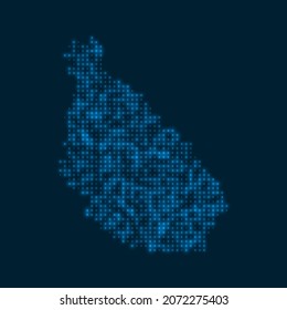 Santiago Island dotted glowing map. Shape of the island with blue bright bulbs. Vector illustration.