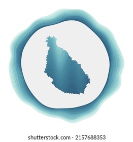 Santiago Island logo. Badge of the island. Layered circular sign around Santiago shape. Radiant vector illustration.