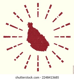 Santiago Island Logo. Grunge sunburst poster with border map. Shape of Santiago Island filled with hex digits with sunburst rays around. Radiant vector illustration.