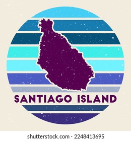 Santiago Island logo. Sign with the map and colored stripes, vector illustration. Can be used as insignia, logotype, label, sticker or badge of the Santiago Island.