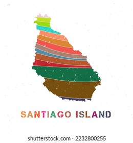 Santiago Island map design. Shape of the island with beautiful geometric waves and grunge texture. Radiant vector illustration.