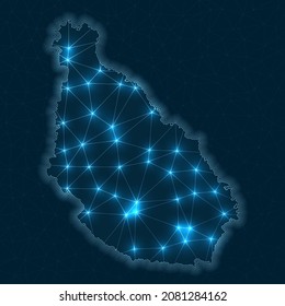 Santiago Island network map. Abstract geometric map of the island. Digital connections and telecommunication design. Glowing internet network. Radiant vector illustration.