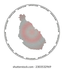 Santiago Island round logo. Digital style shape of Santiago Island in dotted circle with the name. Tech icon with gradiented dots. Modern vector illustration.