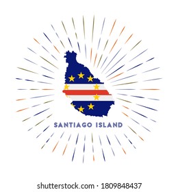 Santiago Island sunburst badge. The island sign with map and Cape Verdian flag. Colorful rays around the logo. Vector illustration.