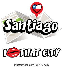 Santiago. I Love That City. Vector Illustration with country flag.