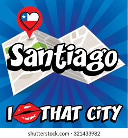 Santiago. I Love That City. Vector Illustration with country flag.