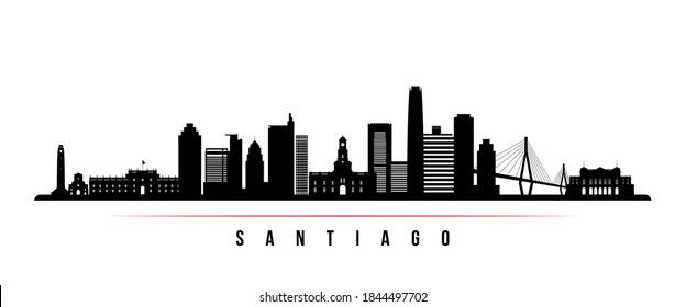 Santiago skyline horizontal banner. Black and white silhouette of Santiago City, Chile. Vector template for your design. 