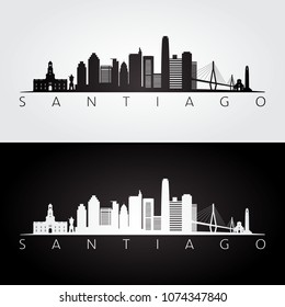 Santiago skyline and landmarks silhouette, black and white design, vector illustration.