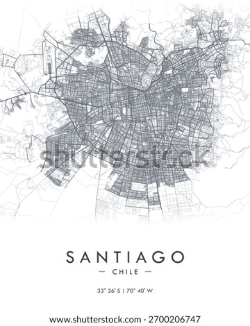 Santiago vector print map. Detailed map of city in Chile. Tourist decorative minimalist street map.