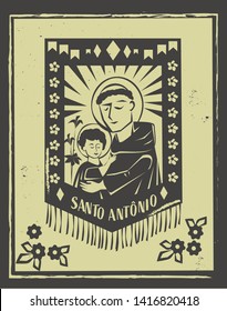 Santo Antonio(Saint Anthony) illustration for Festa Junina decoratio vector. Brazilian woodcut style. 