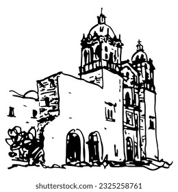 Iglesia y Centro Cultural Santo Domingo en Oaxaca, México. Iglesia y Convento de Santo Domingo de Guzmán. Esbozo de tinta dibujado a mano. Silueta blanca y negra. Templo de Santo Domingo.