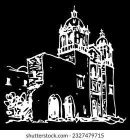 Santo Domingo Church and Cultural Center in Oaxaca, Mexico. The Church and Convent of Santo Domingo de Guzmán. Hand drawn sketch. Black and white silhouette. Templo de Santo Domingo.