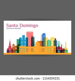 Santo Domingo city architecture silhouette. Colorful skyline. City flat design. Vector business card. 