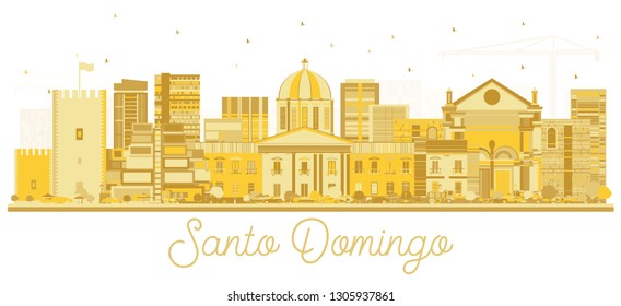 Santo Domingo Dominican Republic City Skyline Silhouette with Golden Buildings Isolated on White. Vector Illustration. Tourism Concept with Historic Architecture. Santo Domingo Cityscape with Landmark