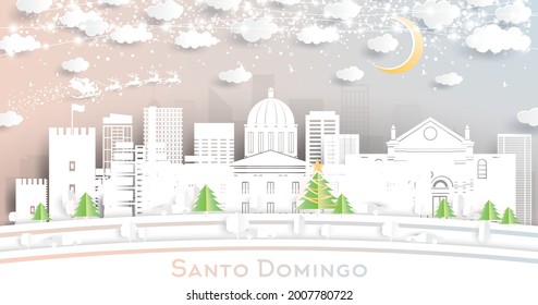 Santo Domingo Dominican Republic City Skyline in Paper Cut Style with Snowflakes, Moon and Neon Garland. Vector Illustration. Christmas and New Year Concept. Santa Claus on Sleigh. Cityscape.