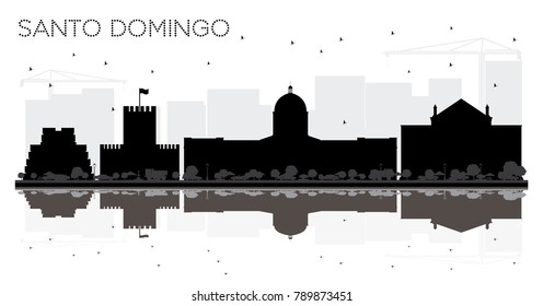 Santo Domingo Dominican Republic City skyline black and white silhouette with Reflections. Santo Domingo Cityscape with landmarks.