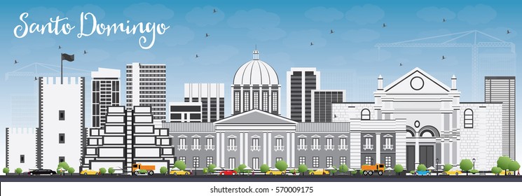 Santo Domingo Skyline with Gray Buildings and Blue Sky. Vector Illustration. Business Travel and Tourism Concept with Modern Architecture. Image for Presentation Banner Placard and Web Site.