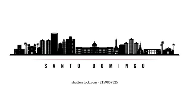 Pancarta horizontal en el horizonte de Santo Domingo. Silueta blanca y negra de Santo Domingo, República Dominicana. Plantilla de vectores para su diseño. 