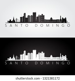 Santo Domingo skyline and landmarks silhouette, black and white design, vector illustration.