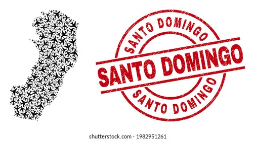 Santo Domingo textured badge, and Espirito Santo State map collage of aviation elements. Collage Espirito Santo State map created with aeroplanes. Red badge with Santo Domingo word,