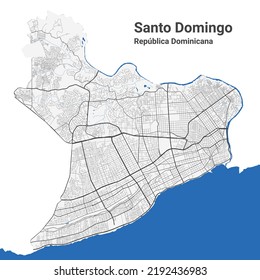 Mapa vectorial de Santo Domingo. Mapa detallado del área administrativa de la ciudad de Santo Domingo. Panorama del paisaje urbano. Ilustración vectorial libre de regalías. Hoja de ruta con autopistas, ríos.