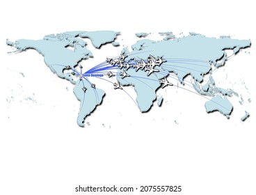 Santo Domingo-Dominican Republic in concept vector illustration, map showing flights from Santo Domingo-Dominican Republic to major cities around the world.