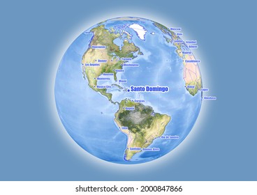 Santo Domingo-República Dominicana se muestra en el mapa del globo vectorial. El mapa muestra la ubicación de Santo Domingo-República Dominicana en el mundo.