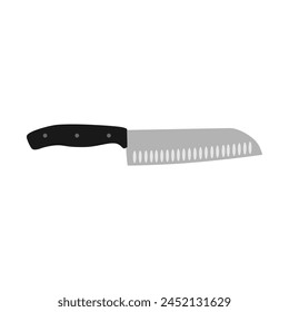 Santoku Japanese kitchen knife flat design vector Illustration isolated on white background. A traditional Japanese kitchen knife with a steel blade and wooden handle.