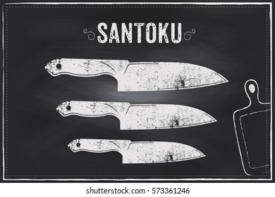 Santoku knife. Vector sketch chalk illustration design