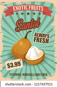 Santol exotic fruit retro poster for tropical food and price. Vegetarian product vintage brochure for market or grocery shop. Food from hot foreign country leaflet, healthy proper nutrition vector