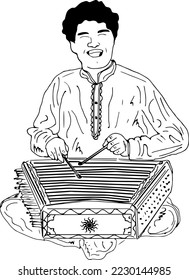 Santoor player sketch drawing vector illustration, Indian traditional music instrument clipart and symbols, Indian musician playing Santoor folk music instruments of India