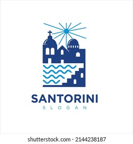 Santorini Aegean Sea Island Landmarks Travel Flat Concept Vector Illustration. Santorini greek island logo icon design template