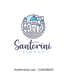 Santorini Aegean Sea Island Landmarks Travel Flat Concept Vector Illustration. Santorini greek island logo icon design template