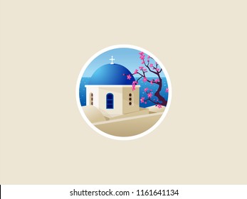 Santorini city background isolated. Vector flat illustration. Greece landmark logo. Cherry tree. 